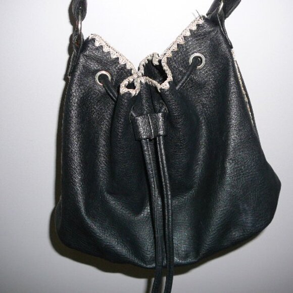 Black Drawstring Closure Cross Body Faux Leather Purse Bag w/Tan Embroidery - Picture 1 of 7